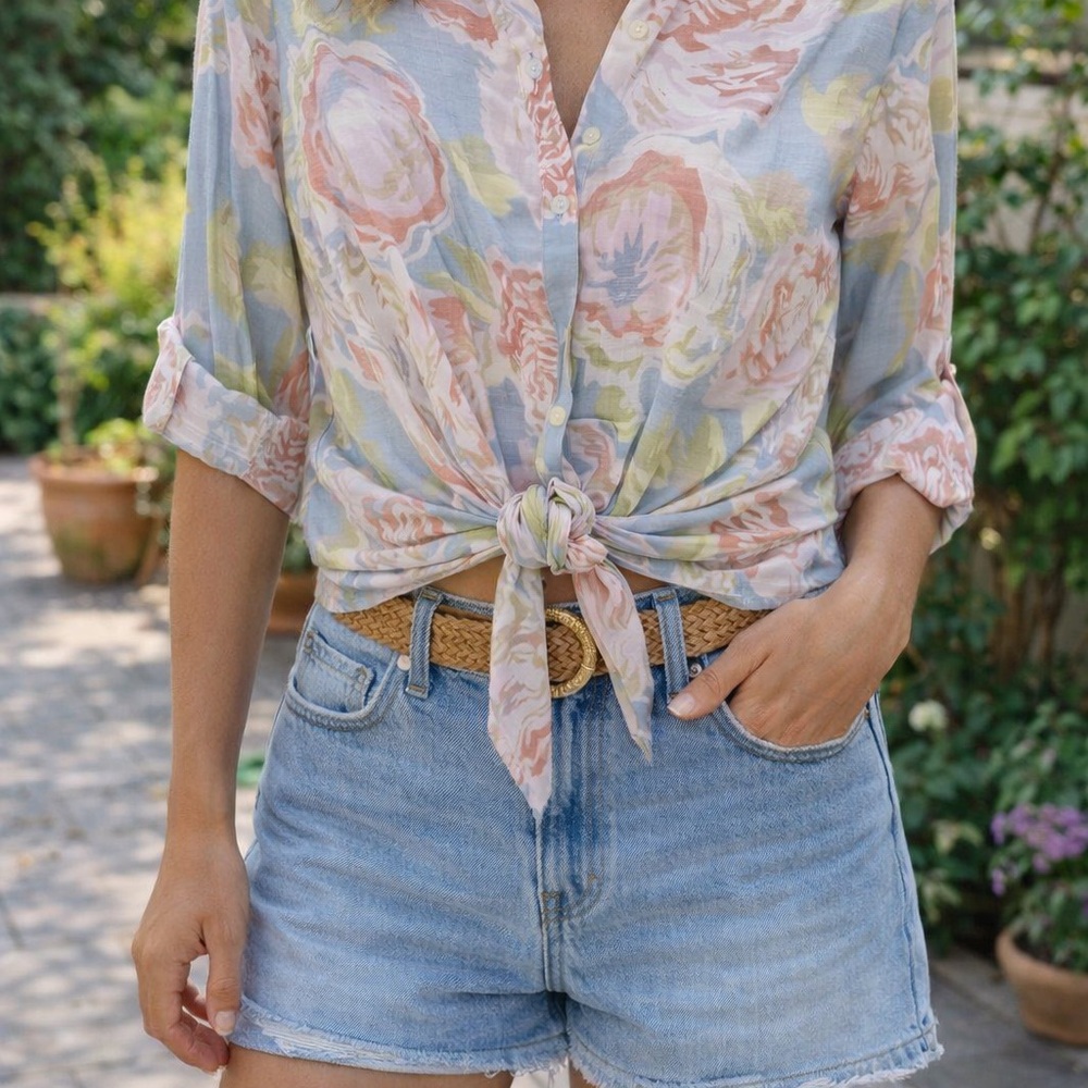 harvé benard size S Pastel Blue Floral Button-Front Blouse